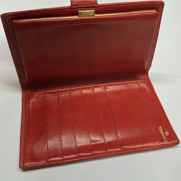 Chanel CC Wallet Interlocking Logo Caviar Leather Long Bifold Red Gold Vintage - Picture 8 of 14